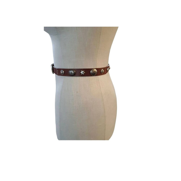 Fossil M Brown Leather Belt Silver Southwestern Concho - Picture 3 of 5